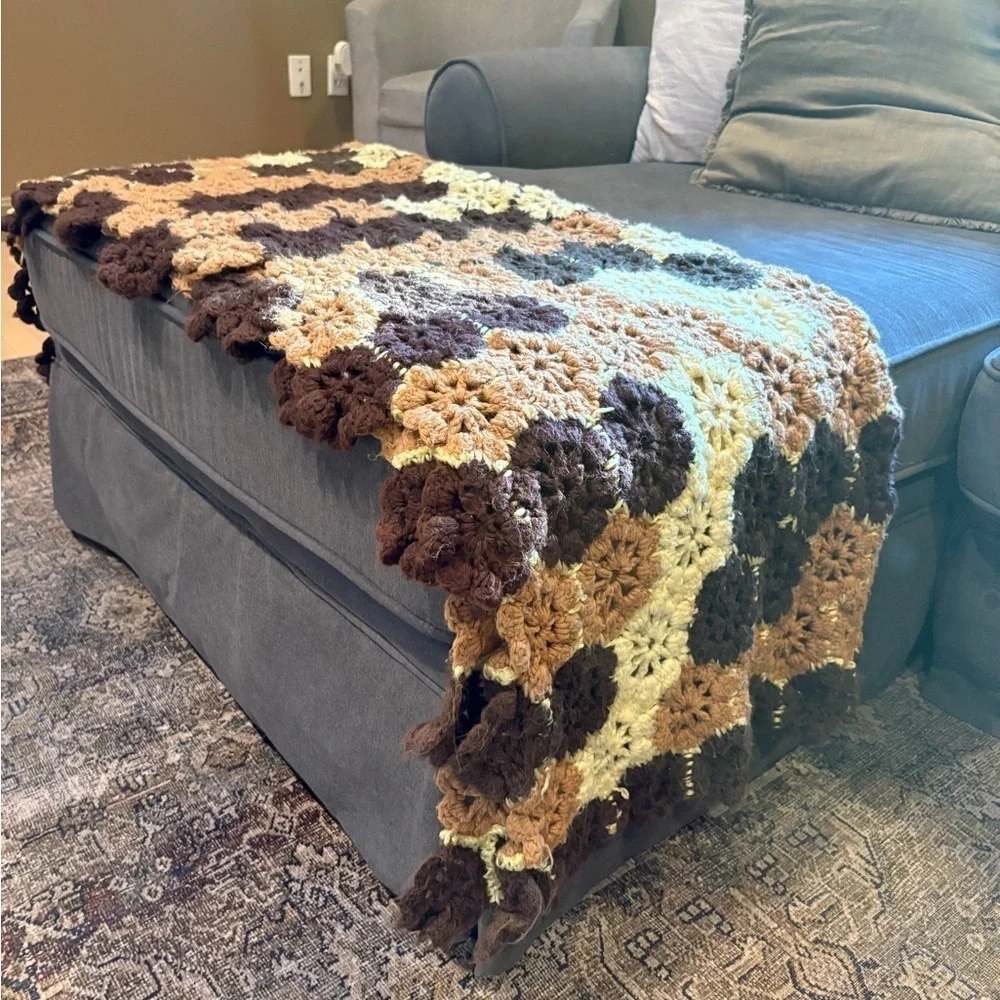 Handmade Hexagonal Crochet Blanket Brown Tan Cream